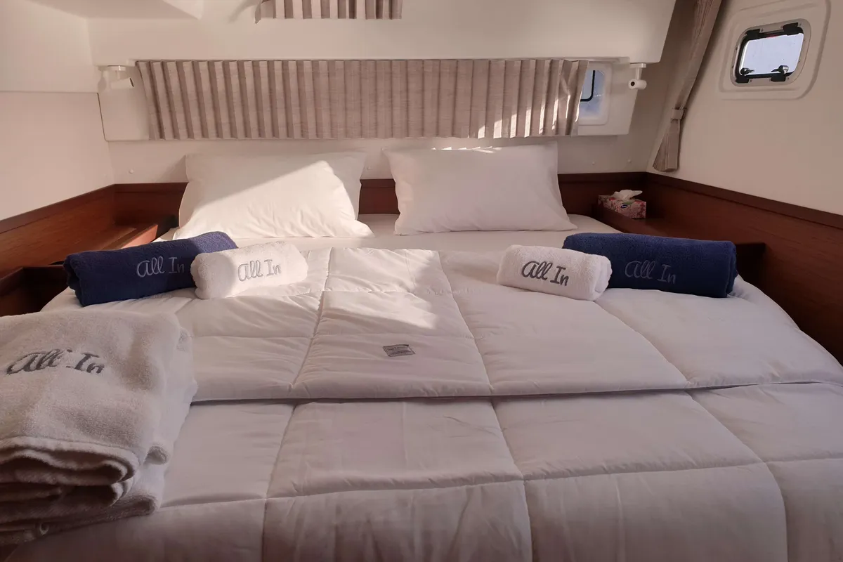 Cabin on All In, a Lagoon 42 catamaran at Lavrion, Greece