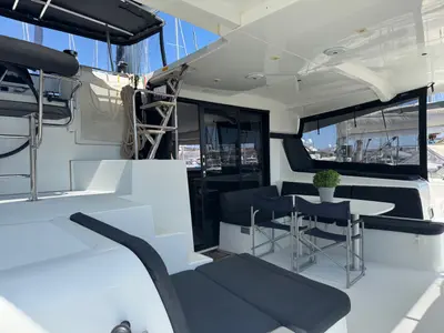 Deck of All In, a Lagoon 42 catamaran at Lavrion, Greece