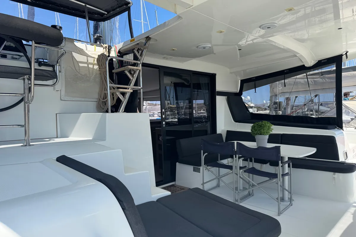 Deck of All In, a Lagoon 42 catamaran at Lavrion, Greece