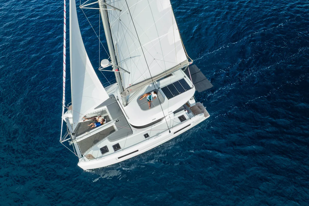 Exterior view of WHISPERS, a Lagoon 38 catamaran at Ajaccio, France