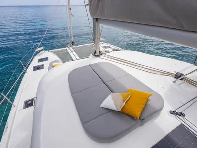 Deck of WHISPERS, a Lagoon 38 catamaran at Ajaccio, France