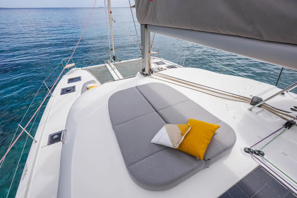 Deck of WHISPERS, a Lagoon 38 catamaran at Ajaccio, France