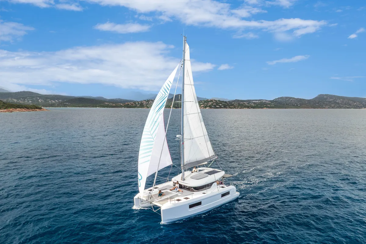 Exterior view of WHISPERS, a Lagoon 38 catamaran at Ajaccio, France