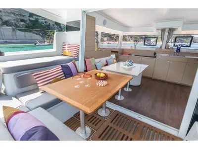 Salon of WHISPERS, a Lagoon 38 catamaran at Ajaccio, France