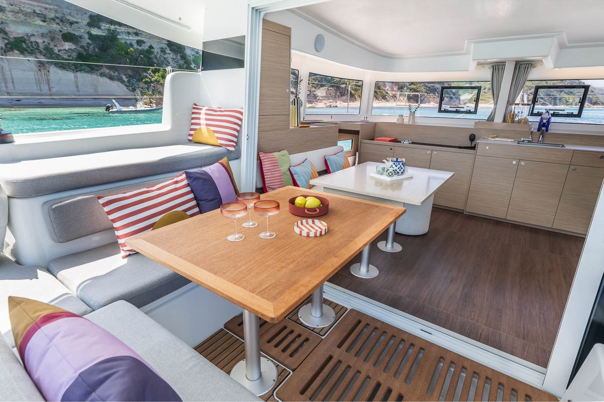 Salon of WHISPERS, a Lagoon 38 catamaran at Ajaccio, France