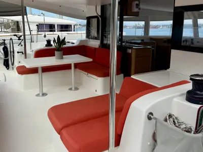 Deck of Las Olas, a Excess 14 catamaran at Preveza, Greece