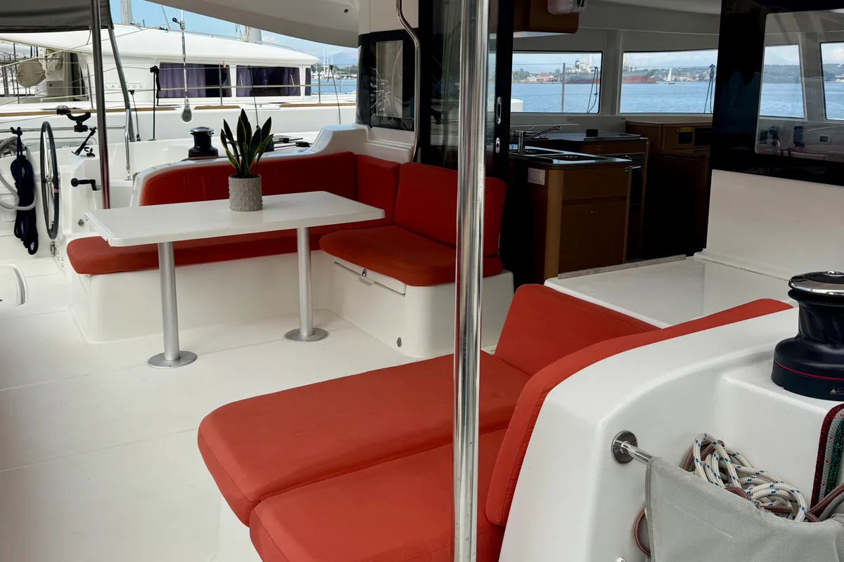Deck of Las Olas, a Excess 14 catamaran at Preveza, Greece