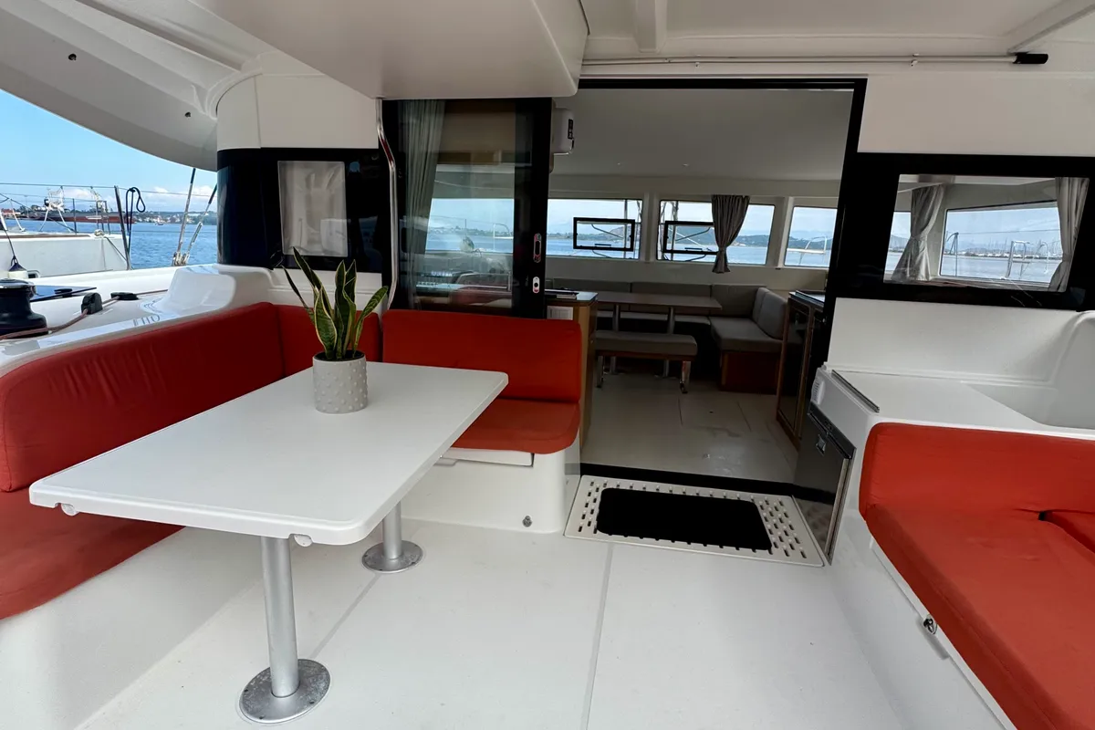 Deck of Las Olas, a Excess 14 catamaran at Preveza, Greece