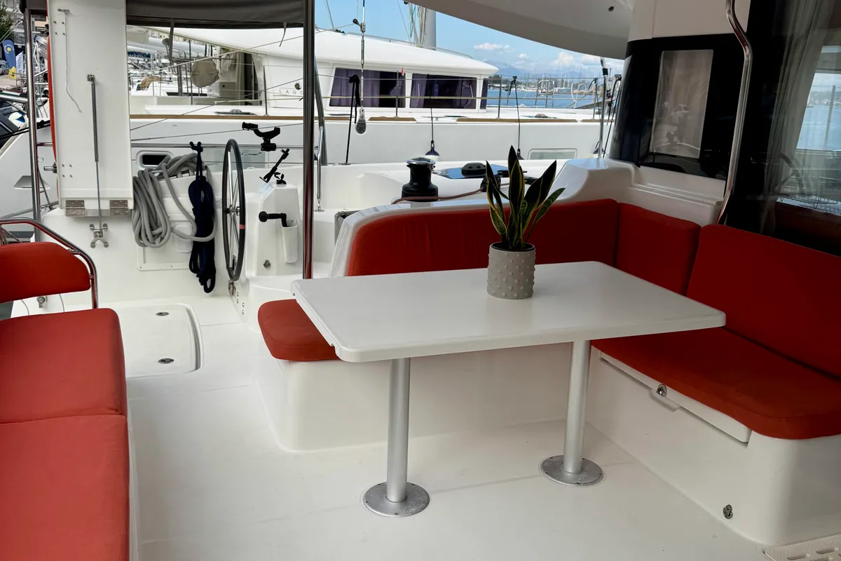 Salon of Las Olas, a Excess 14 catamaran at Preveza, Greece