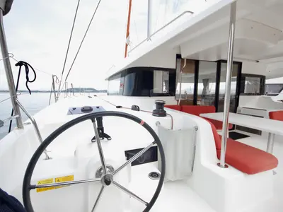 Cockpit of Las Olas, a Excess 14 catamaran at Preveza, Greece