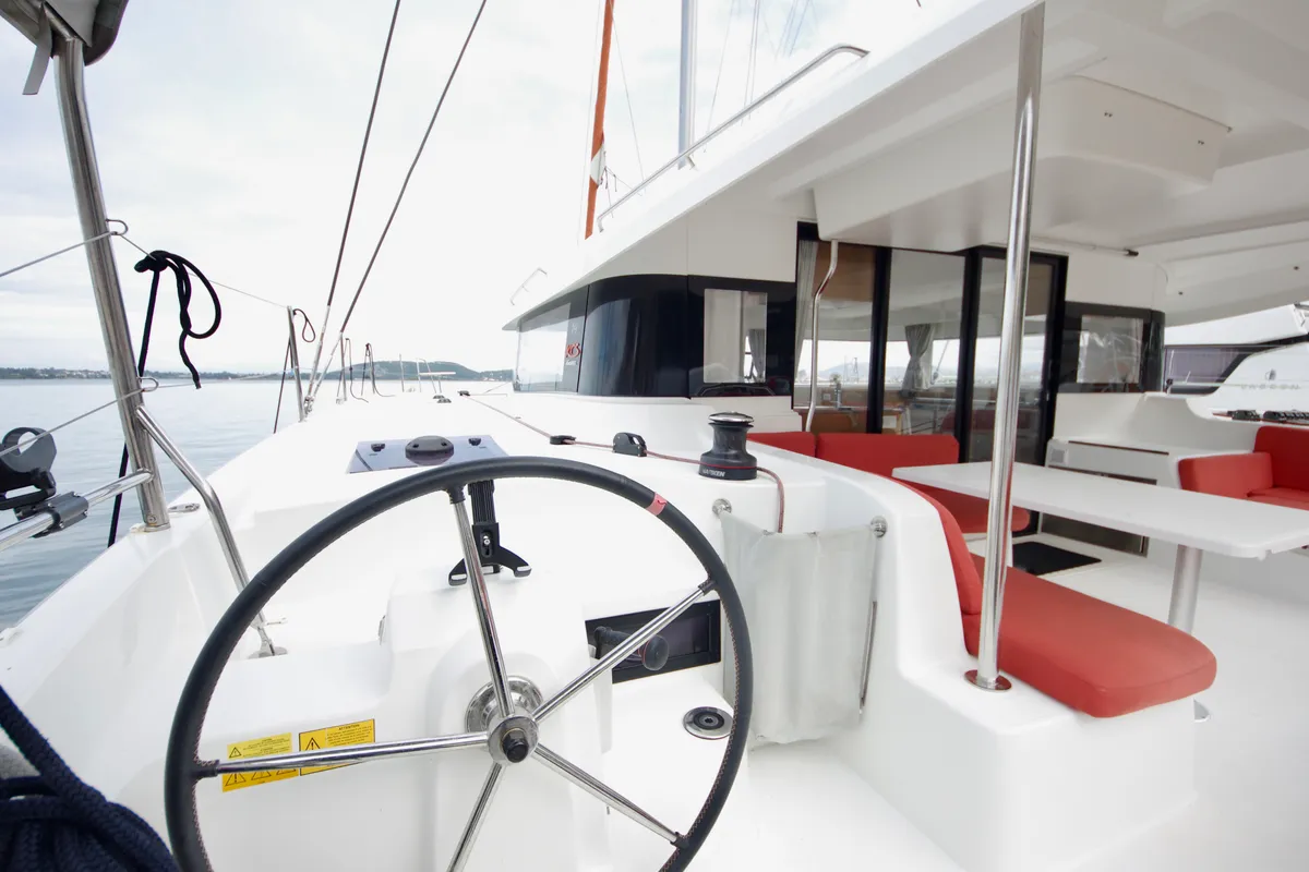 Cockpit of Las Olas, a Excess 14 catamaran at Preveza, Greece