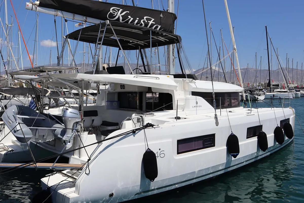 Exterior view of Lagoon 46, a catamaran at Athens, Greece