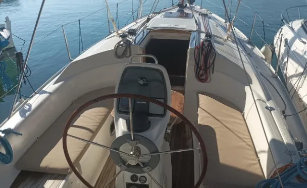 Cockpit of Mojito, a Bavaria 30 Cruiser sailboat at Municipal Unit of Palairos, Greece