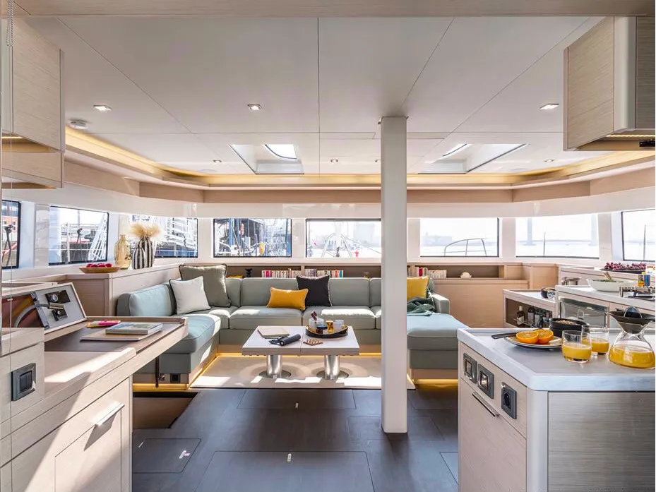 Salon of Hydrus, a Lagoon 55 catamaran at Lavrion, Greece