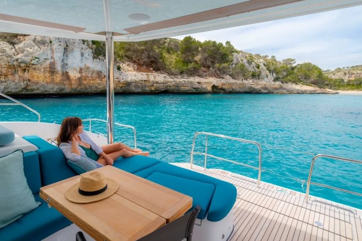 Deck of Hydrus, a Lagoon 55 catamaran at Lavrion, Greece
