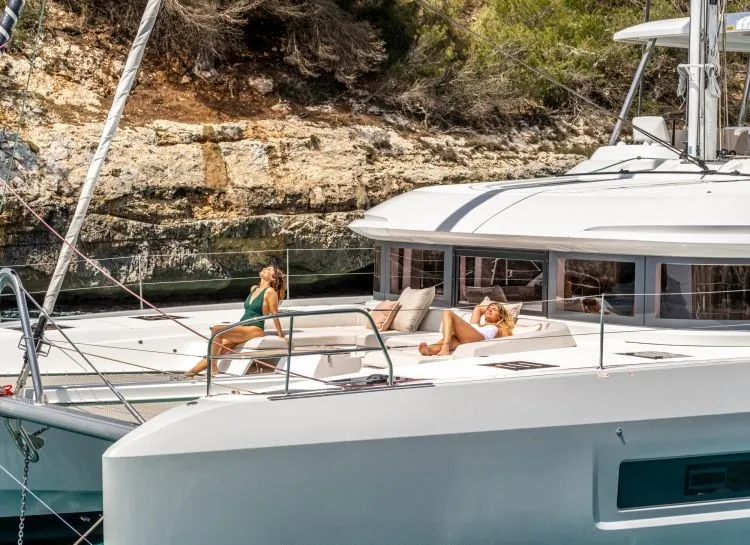 Deck of Hydrus, a Lagoon 55 catamaran at Lavrion, Greece