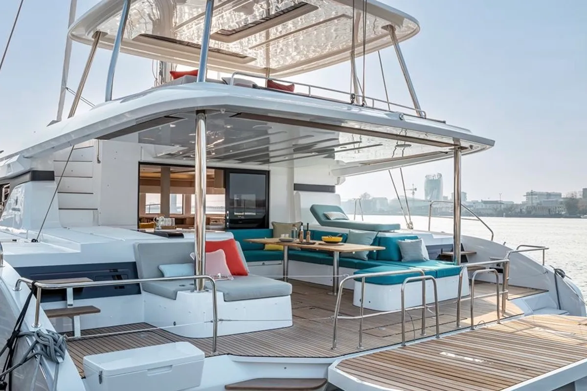 Deck of Hydrus, a Lagoon 55 catamaran at Lavrion, Greece