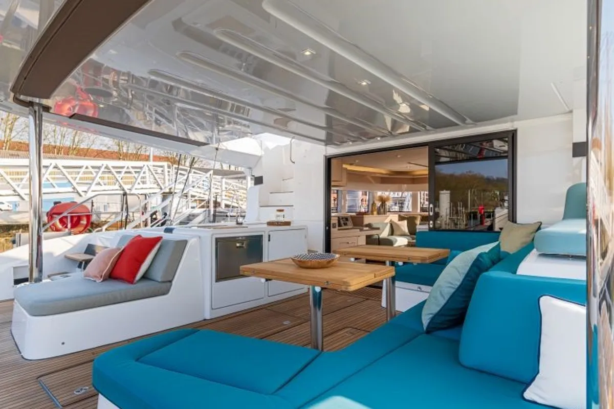 Deck of Hydrus, a Lagoon 55 catamaran at Lavrion, Greece