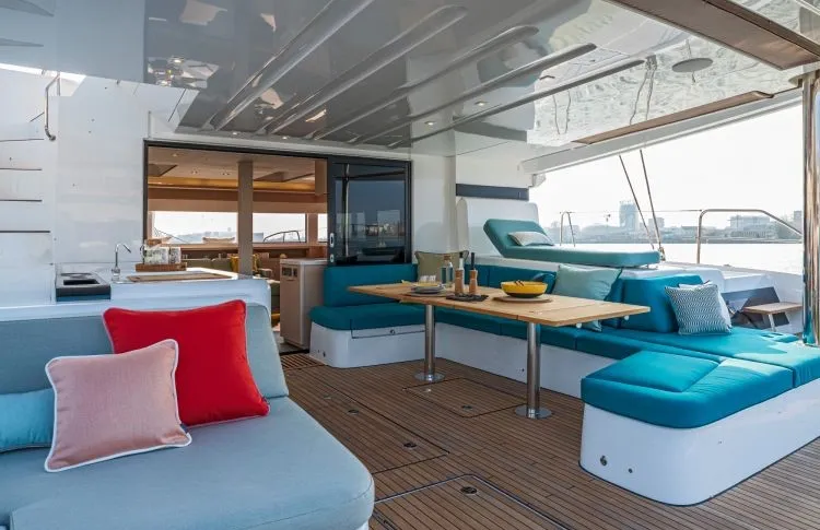 Deck of Hydrus, a Lagoon 55 catamaran at Lavrion, Greece