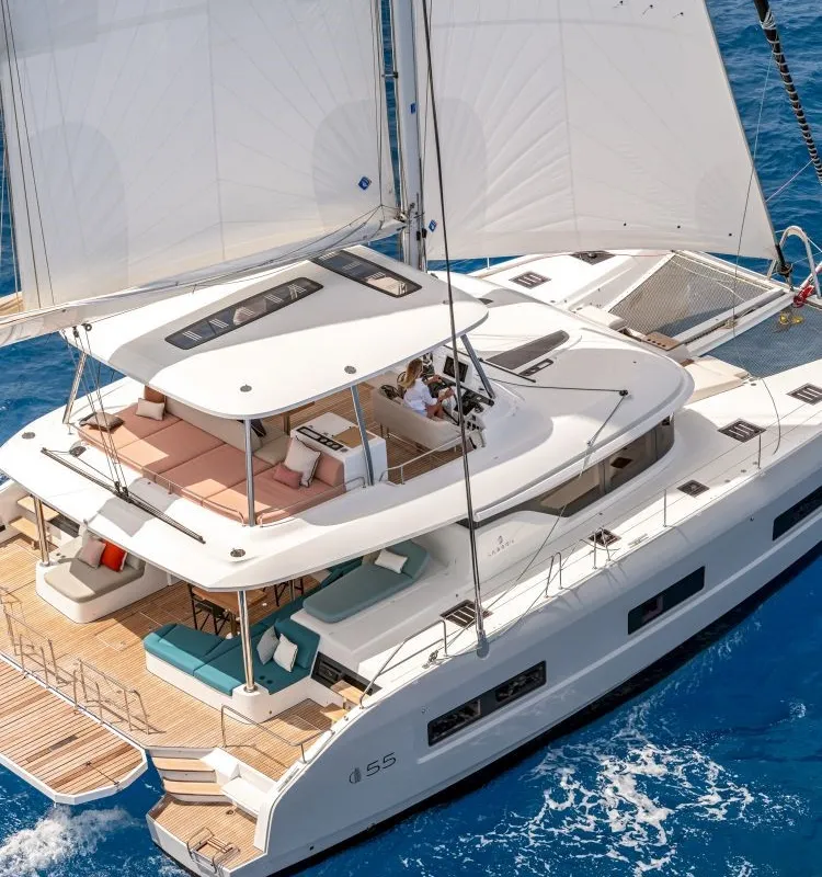 Exterior view of Hydrus, a Lagoon 55 catamaran at Lavrion, Greece