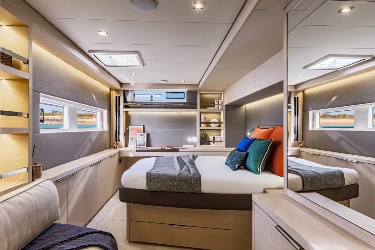 Cabin on Hydrus, a Lagoon 55 catamaran at Lavrion, Greece