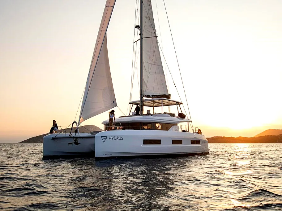 Exterior view of Hydrus, a Lagoon 55 catamaran at Lavrion, Greece