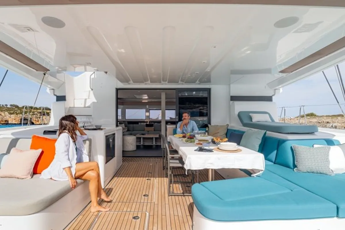 Deck of Hydrus, a Lagoon 55 catamaran at Lavrion, Greece
