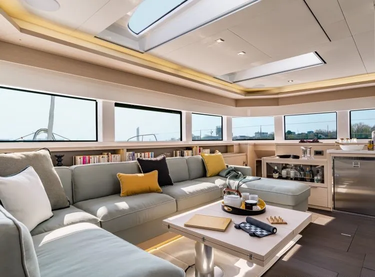 Salon of Hydrus, a Lagoon 55 catamaran at Lavrion, Greece