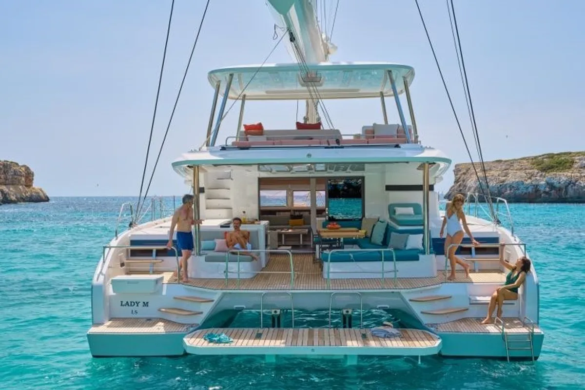 Exterior view of Hydrus, a Lagoon 55 catamaran at Lavrion, Greece