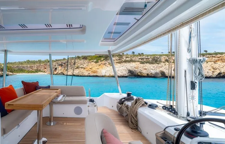 Cockpit of Hydrus, a Lagoon 55 catamaran at Lavrion, Greece
