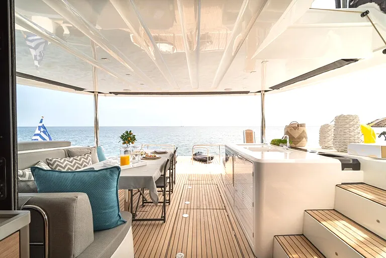 Deck of Hydrus, a Lagoon 55 catamaran at Lavrion, Greece
