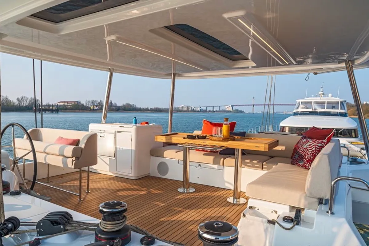 Cockpit of Hydrus, a Lagoon 55 catamaran at Lavrion, Greece