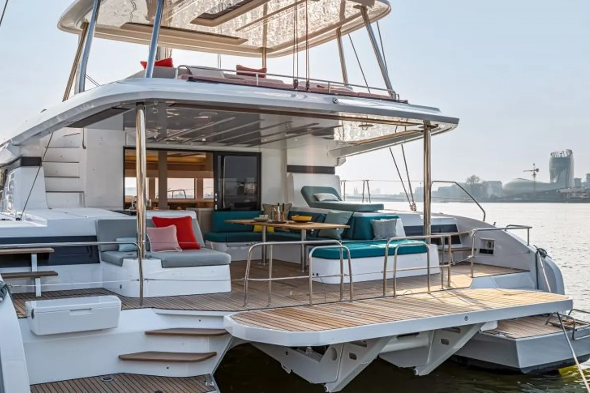 Deck of Hydrus, a Lagoon 55 catamaran at Lavrion, Greece