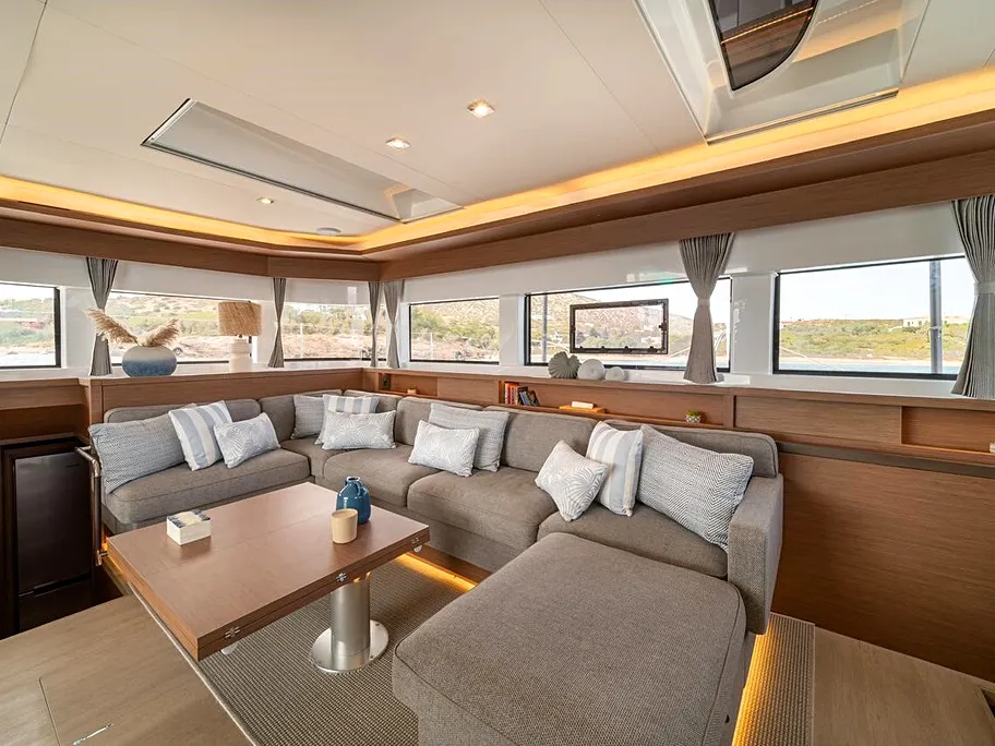 Salon of Hydrus, a Lagoon 55 catamaran at Lavrion, Greece