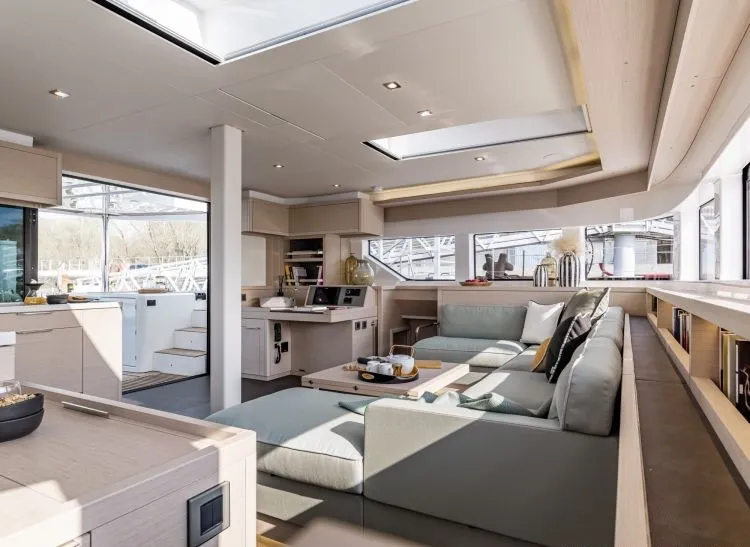 Salon of Hydrus, a Lagoon 55 catamaran at Lavrion, Greece