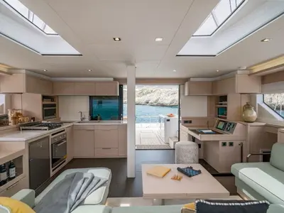 Salon of Hydrus, a Lagoon 55 catamaran at Lavrion, Greece