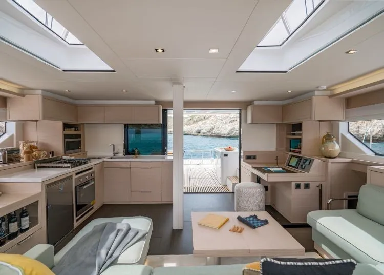 Salon of Hydrus, a Lagoon 55 catamaran at Lavrion, Greece