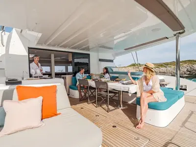 Deck of Hydrus, a Lagoon 55 catamaran at Lavrion, Greece