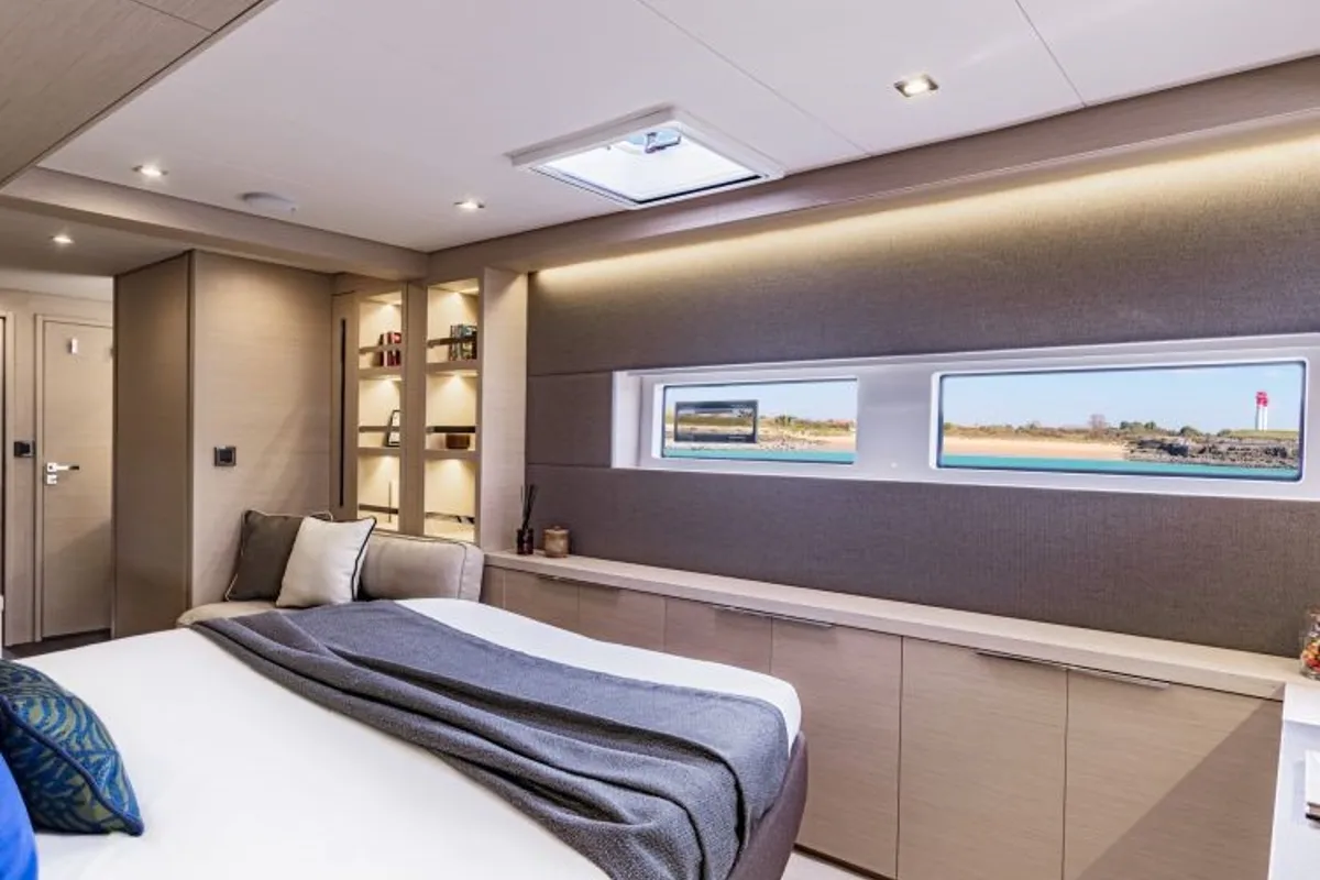 Cabin on Hydrus, a Lagoon 55 catamaran at Lavrion, Greece
