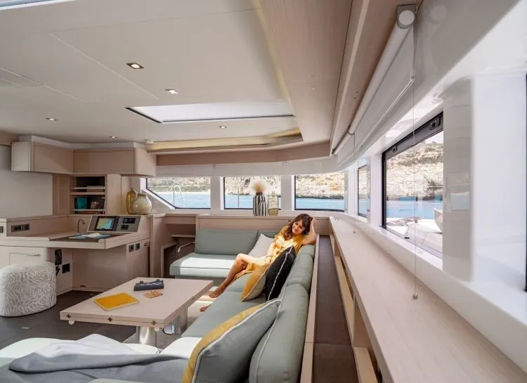 Salon of Hydrus, a Lagoon 55 catamaran at Lavrion, Greece