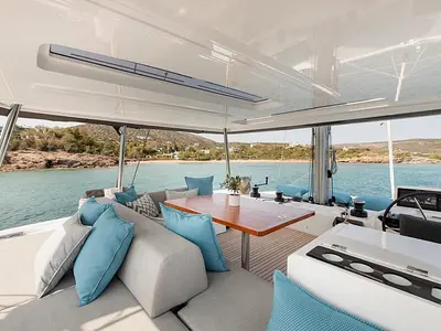 Cockpit of Hydrus, a Lagoon 55 catamaran at Lavrion, Greece