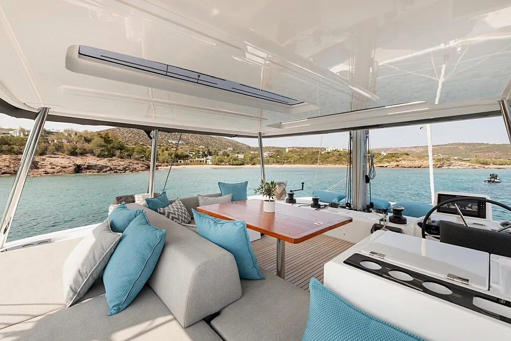 Cockpit of Hydrus, a Lagoon 55 catamaran at Lavrion, Greece