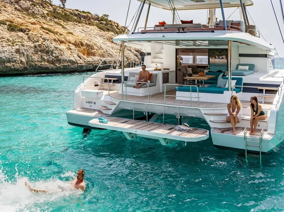 Exterior view of Hydrus, a Lagoon 55 catamaran at Lavrion, Greece