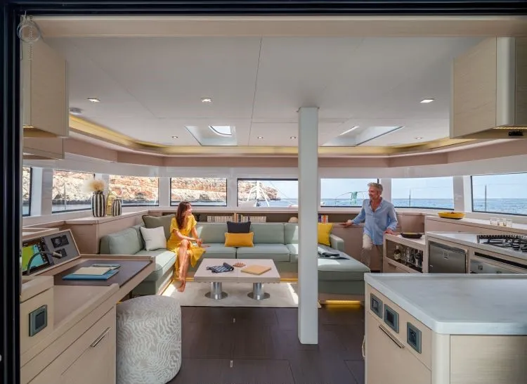 Salon of Hydrus, a Lagoon 55 catamaran at Lavrion, Greece
