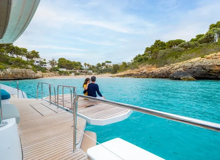 Deck of Hydrus, a Lagoon 55 catamaran at Lavrion, Greece