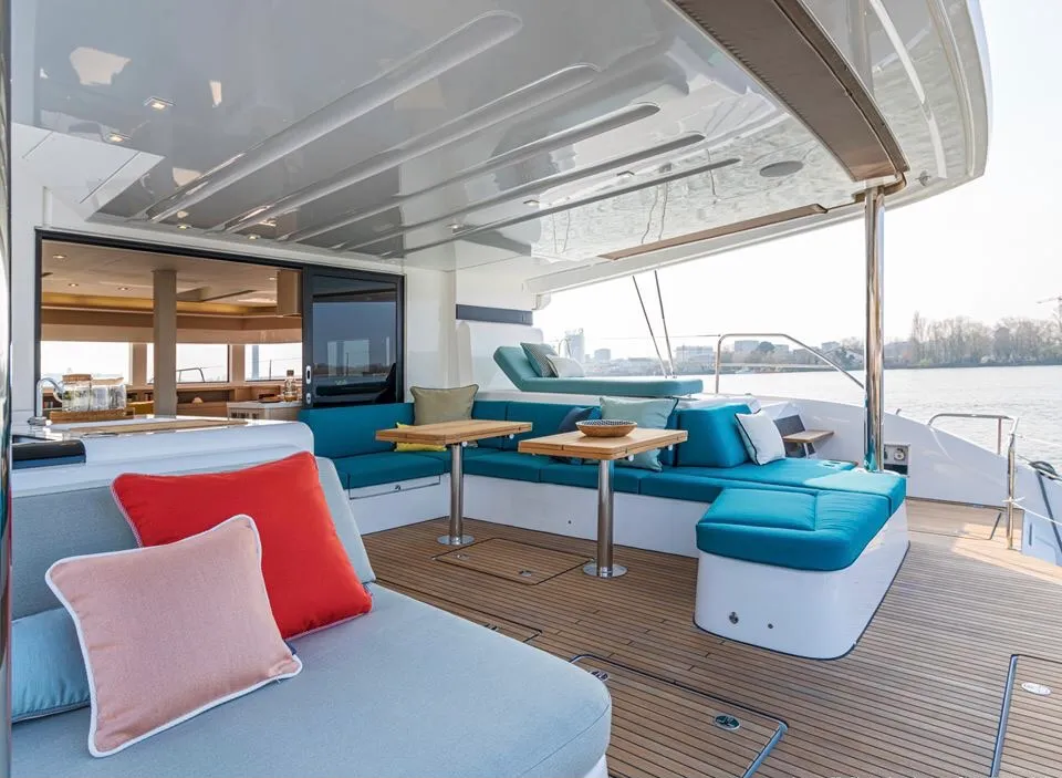 Deck of Hydrus, a Lagoon 55 catamaran at Lavrion, Greece