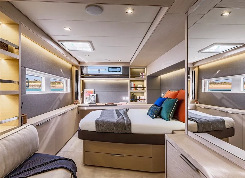 Cabin on Hydrus, a Lagoon 55 catamaran at Lavrion, Greece