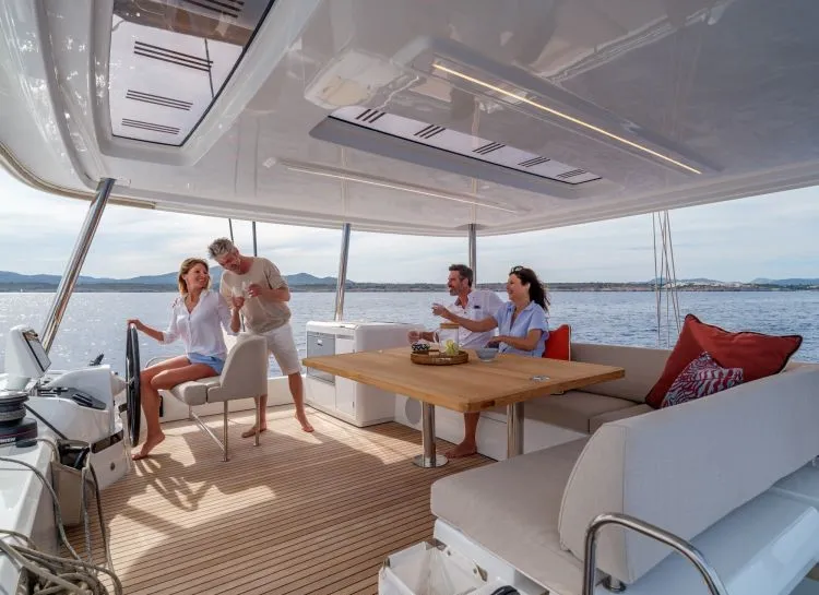 Deck of Hydrus, a Lagoon 55 catamaran at Lavrion, Greece