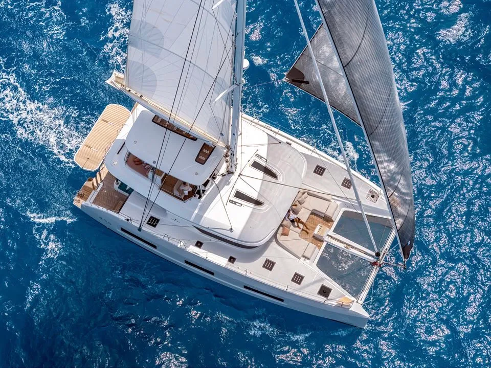 Exterior view of Hydrus, a Lagoon 55 catamaran at Lavrion, Greece
