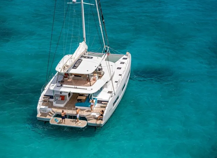 Exterior view of Hydrus, a Lagoon 55 catamaran at Lavrion, Greece
